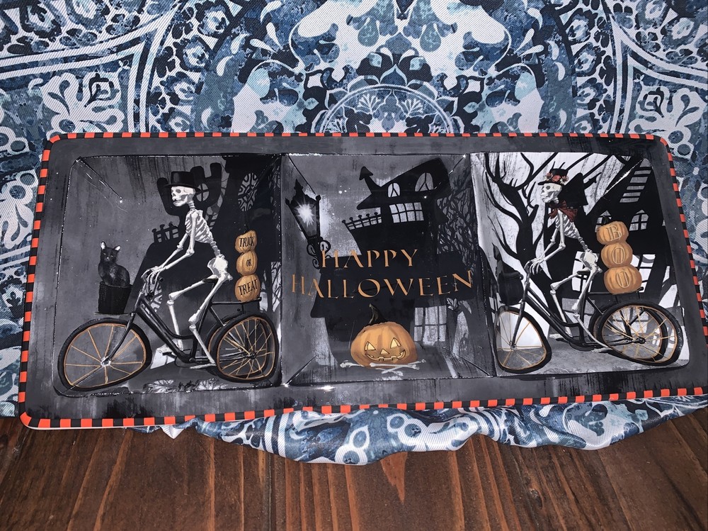 222 Fifth Halloween ceramic three section bicycle skeleton tray platter nwt