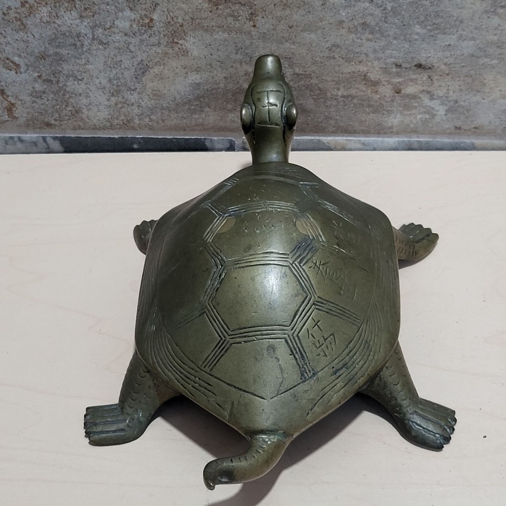 Vintage Etched Solid Brass Turtle Longevity Animal Tortoise