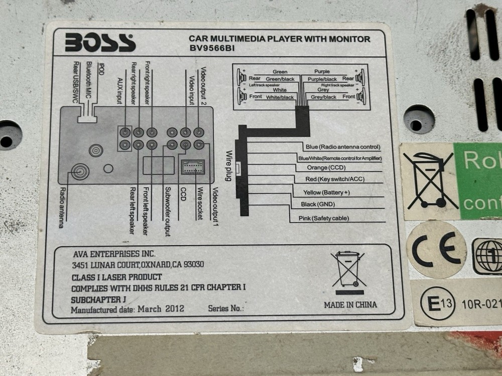 Boss BV9566BI 7" Double DIN Car Stereo Touchscreen DVD USB SD Untested