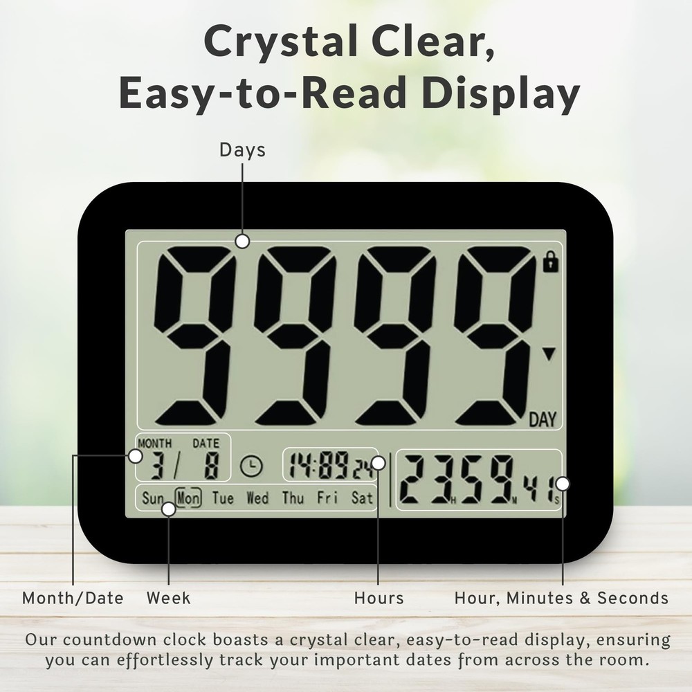 9999 Days Countdown Clock - Reusable Count Down Timer - Large Display LCD Dig...