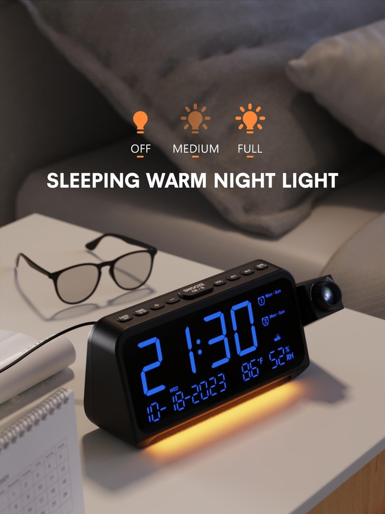 Projection Alarm Clock for Bedroom Ceiling, Digital Clock Projector with Week...
