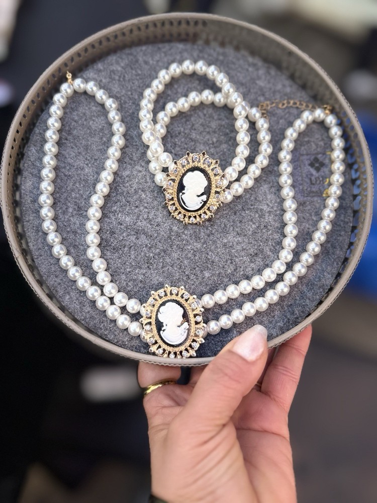 Set Necklace Bracelet Faux Perls Adjustable