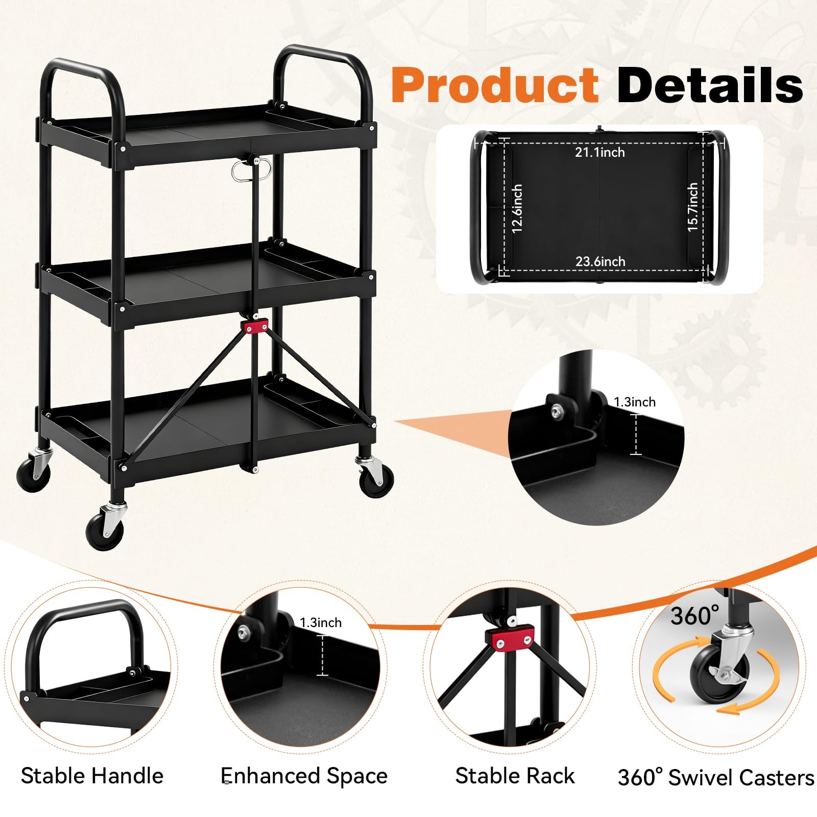 3-Tier Folding Utility Cart, Collapsible Service Cart with 4 Swivel Wheels & ...