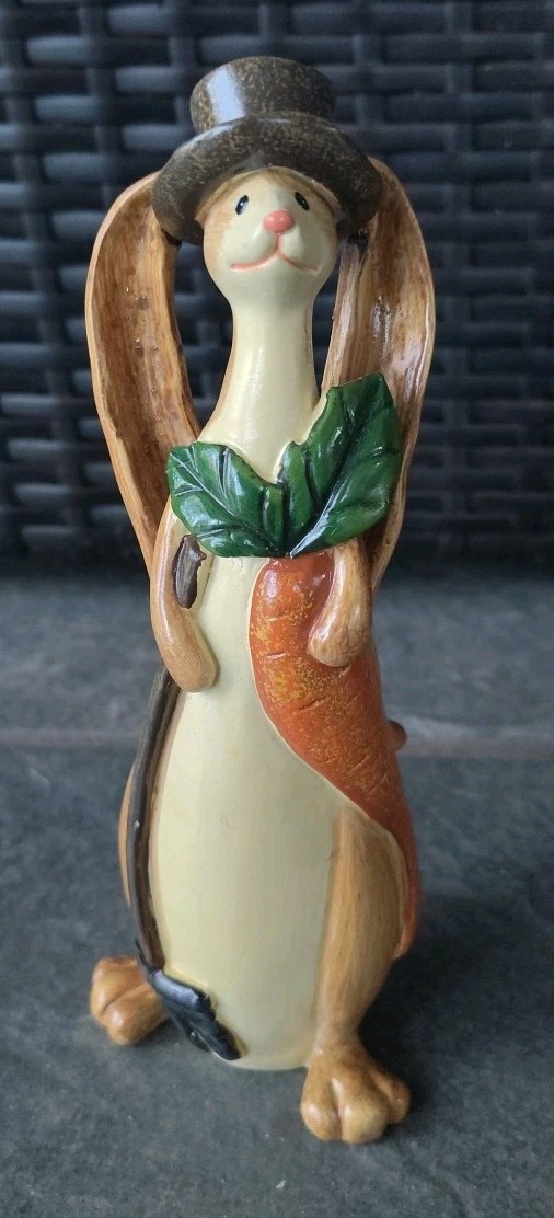 Bunny Rabbit Figurine Whimsical 8" Long Eared W/ Carrot Top Hat Easter Decor