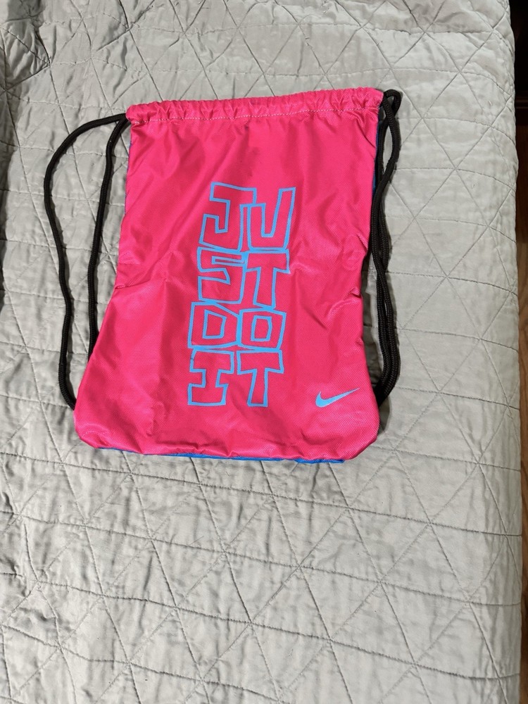 Nike Drawstring Backpack Pink “just Do It” Blue “Logo” Lightweight
