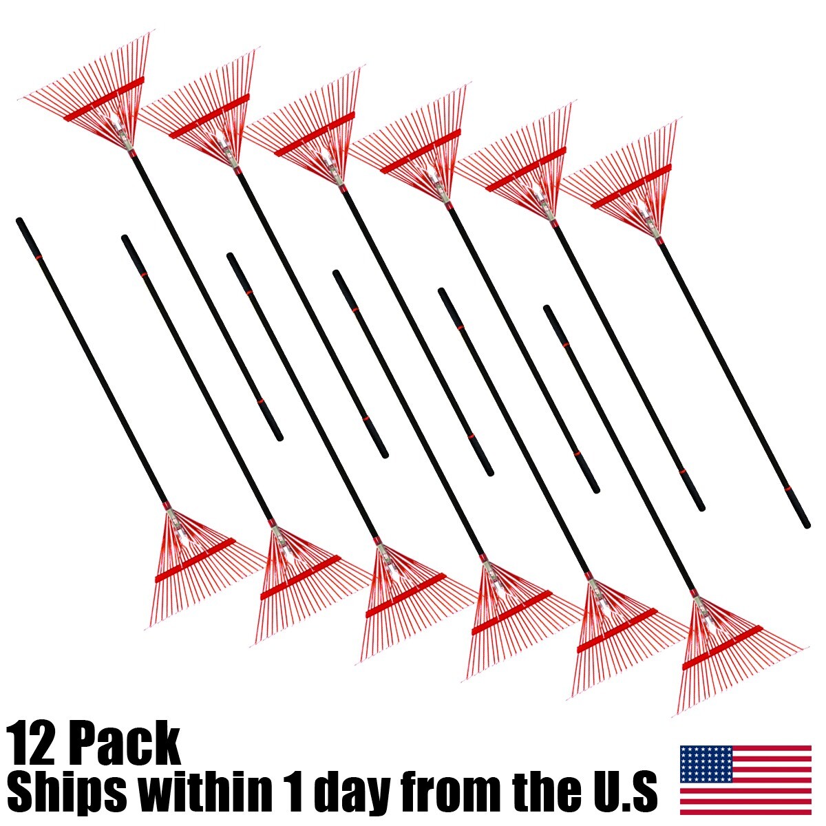 12PK Durable Red 24 Steel Tine Thatching Leaf Rake w/ Steel Handle