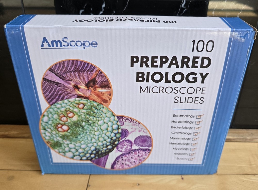 AmScope PS100B 100 Homeschool For Basic Biology Prepared Microscope Slides -Set