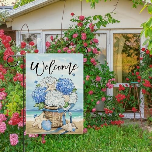 Welcome Spring Summer Beach Hydrangea Flower 12" x 18" Hydrangea Beach