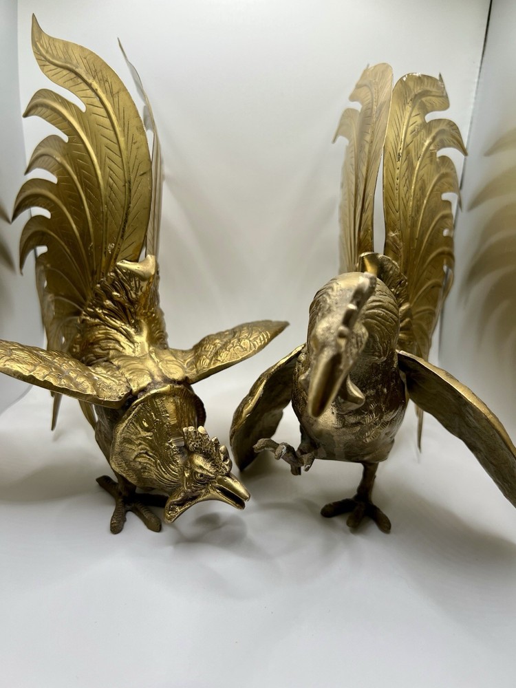 Brass Fighting Roosters Vintage Pair Solid Brass
