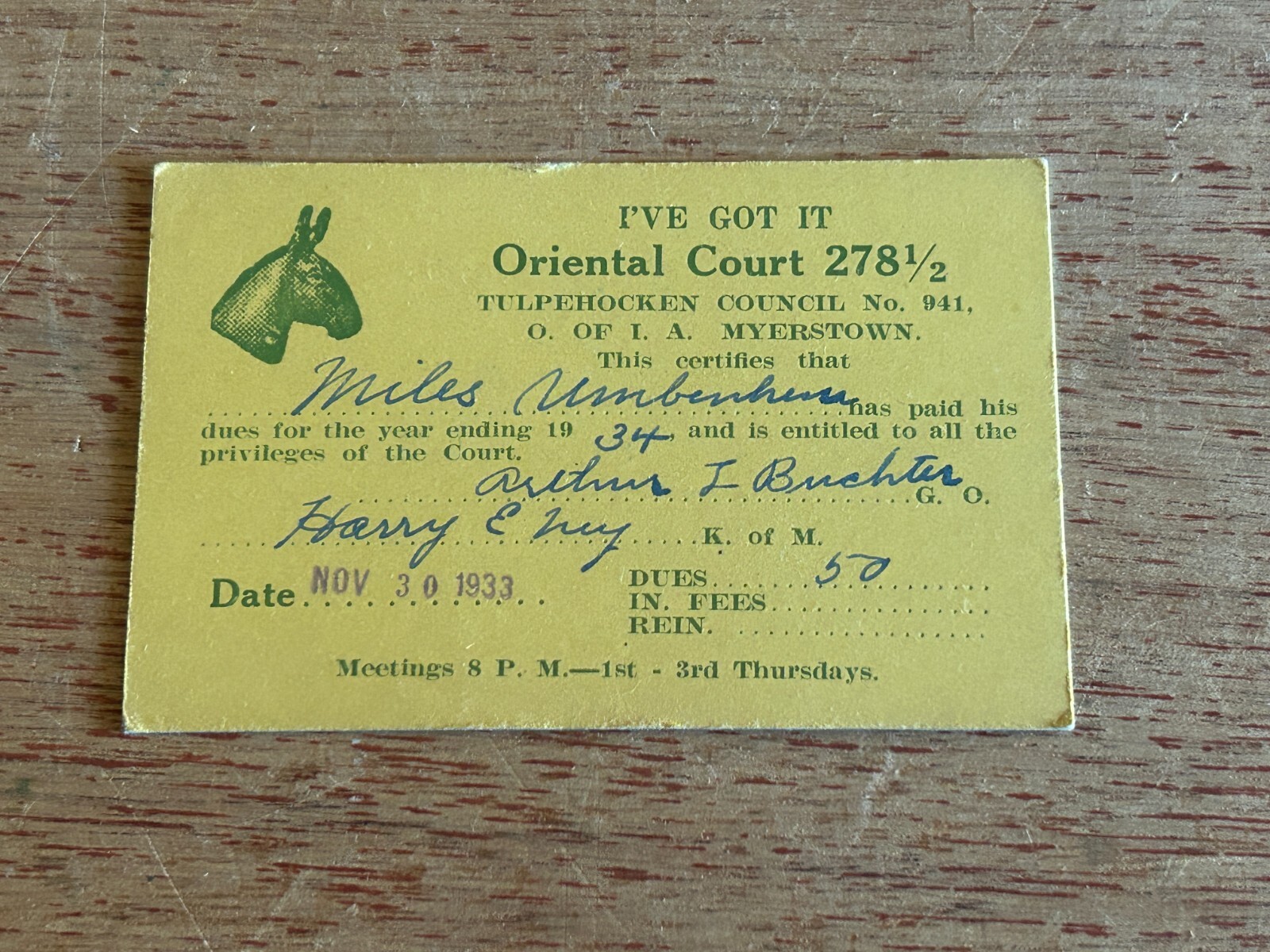 Order Independent Americans Member ID Card 1933 Myerstown Tulpehocken Council