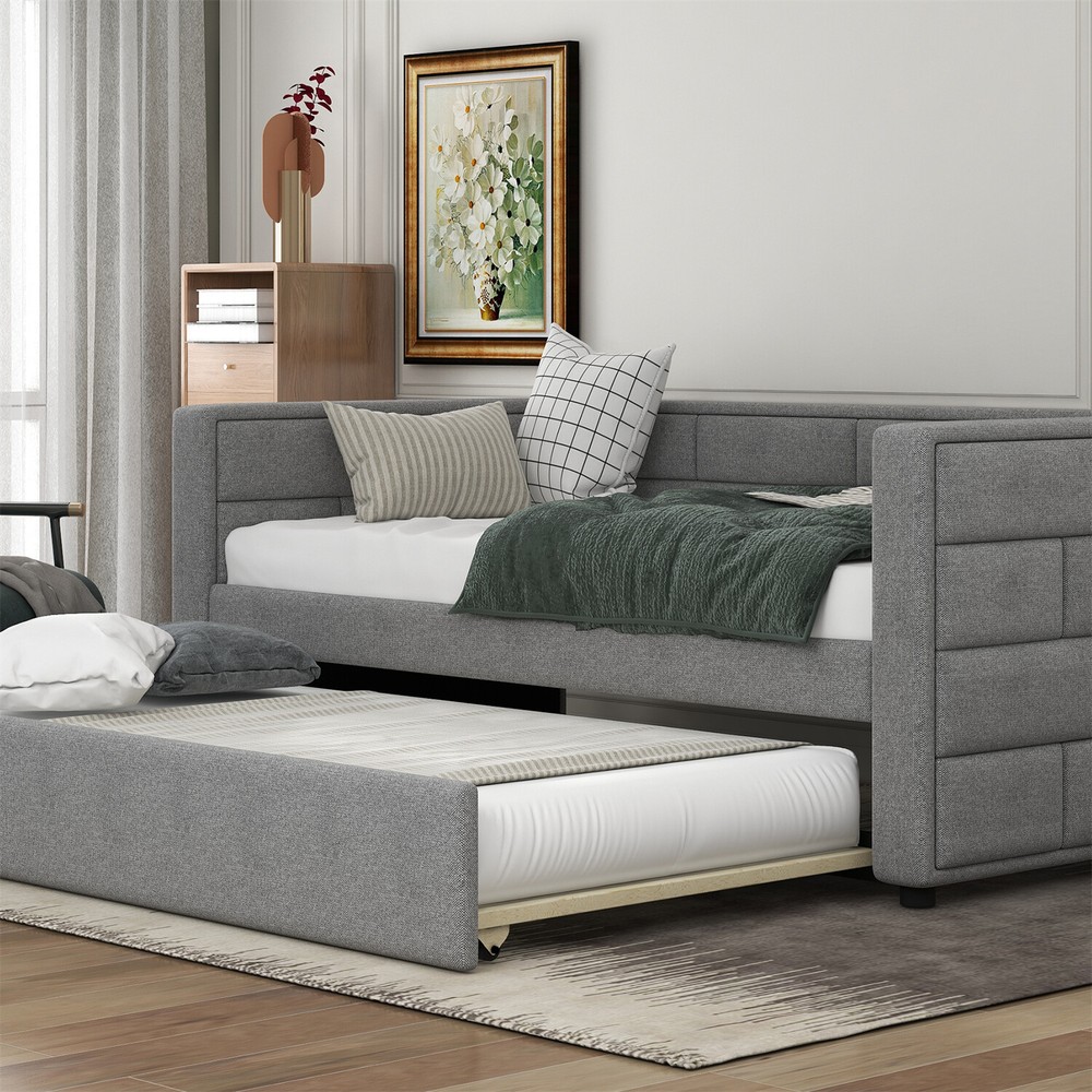 Twin Size Daybed with Pull Out Trundle Bed Upholstered Bed Frame Sofa Bed US