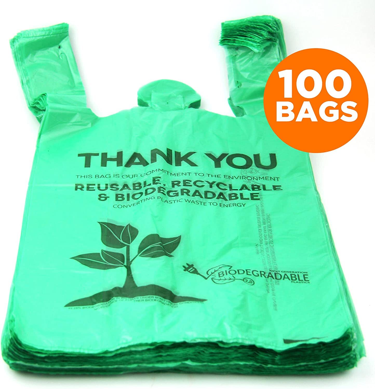 22 x 6.5 x 22 1/6 Green Biodegradable T-Shirt Plastic Grocery Shopping Bags