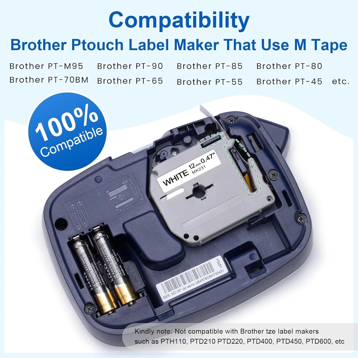 4PK Label Tape M-K231 MK231 M231 Black on White 12MM 1/2" for Brother PT-65