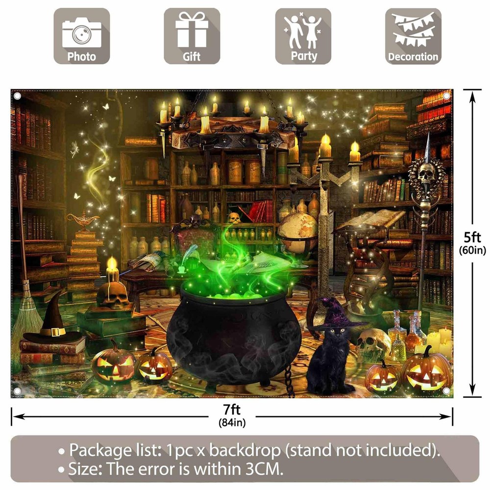 7x5ft Polyester Halloween Witch Photography Backdrop Magic Cauldron Bookshelf...