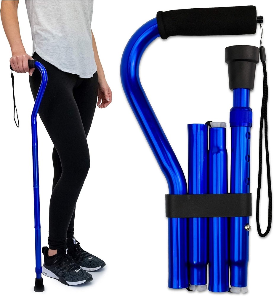 RMS Folding Cane with Offset Foam Handle, Adjustable Walking Stick Blue