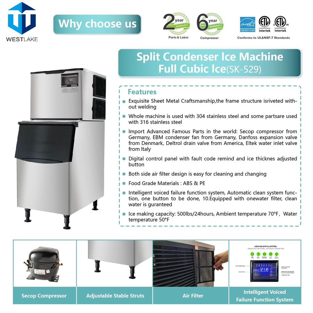 Commercial Ice Maker Machine, 500 lbs Ice Makers with 375lbs Storage, Full Cube