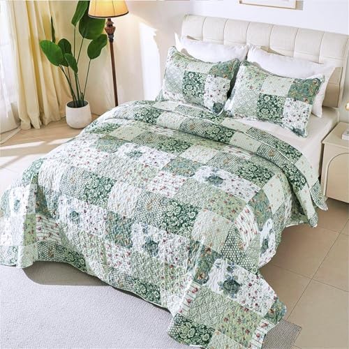 Romantic Patchwork Quilt Set King Size,Reversible Bedspread King 102x90 Green