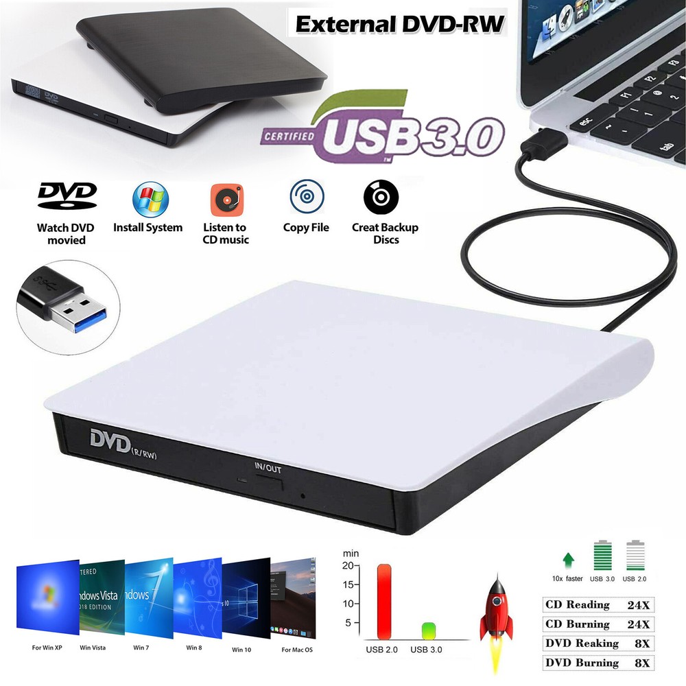 External USB CD DVD RW ROM Writer Drive Burner Reader Player PC Laptop