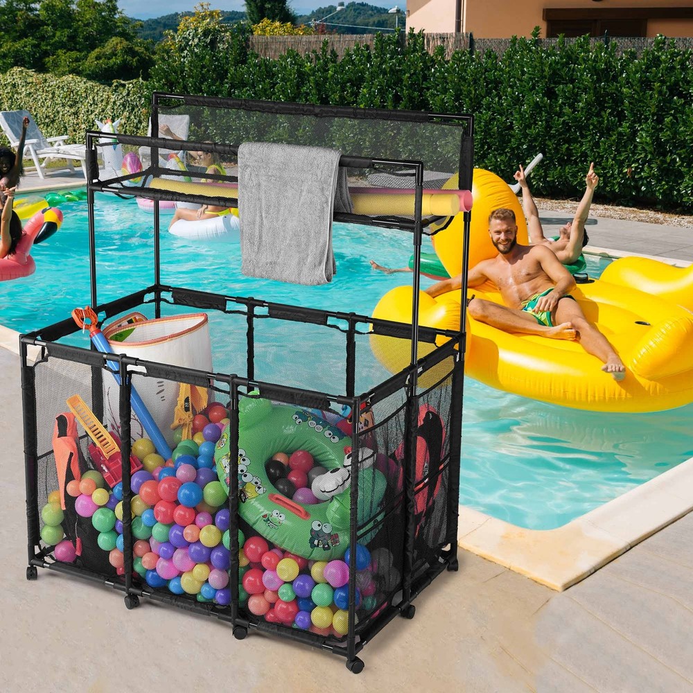 Yescom Rolling Mesh Pool Storage Bin Two Tier with Blue Replacement Net Combo