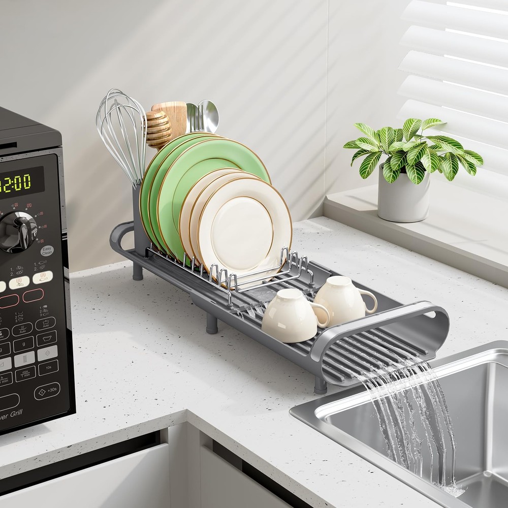 TOOLF Small Dish Drying Rack, Mini Expandable Compact Dish Rack, Slim Extenda...