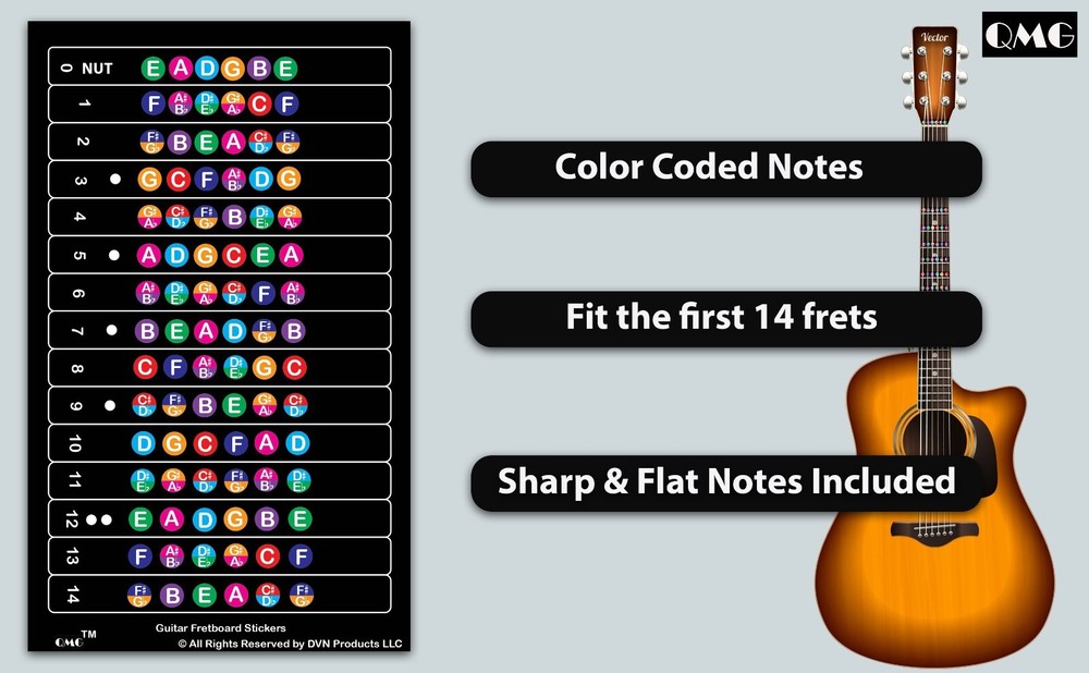 QMG Guitar Fretboard Stickers – Color Coded Note Decals for Beginners
