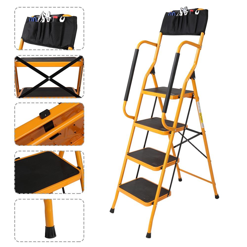 New Practical 4 Step Stool Ladder Foldable Safety Padded Handrails w/Tool Bag