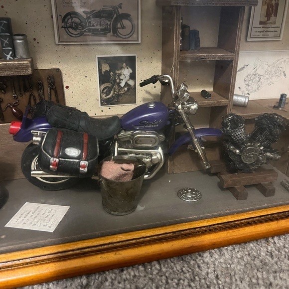 Vintage Motorcycle Garage Shop Diorama Shadow Box.