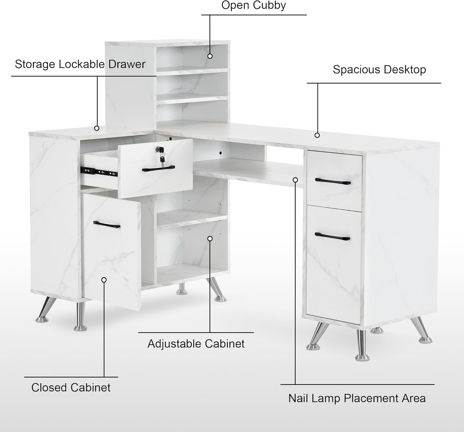 L-Shaped Multi-functional Storage Manicure Table, Beauty Nail Desk, Makeup 2866