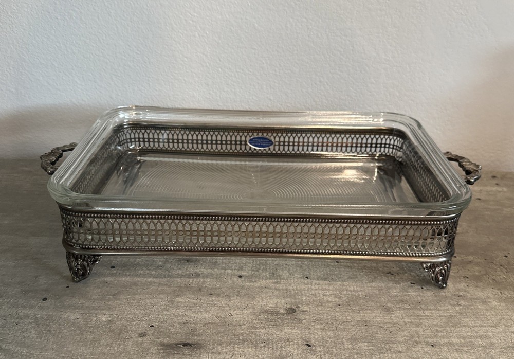 Reed & Barton Silver Plated Footed Casserole Holder and Glass Baking Dish