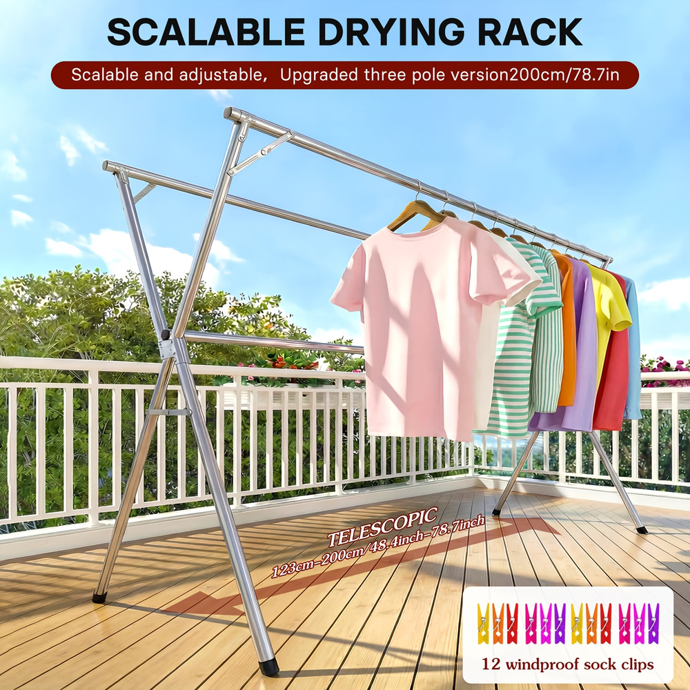 Heavy-Duty Stainless Steel Foldable Clothes Drying Rack with Retractable Length