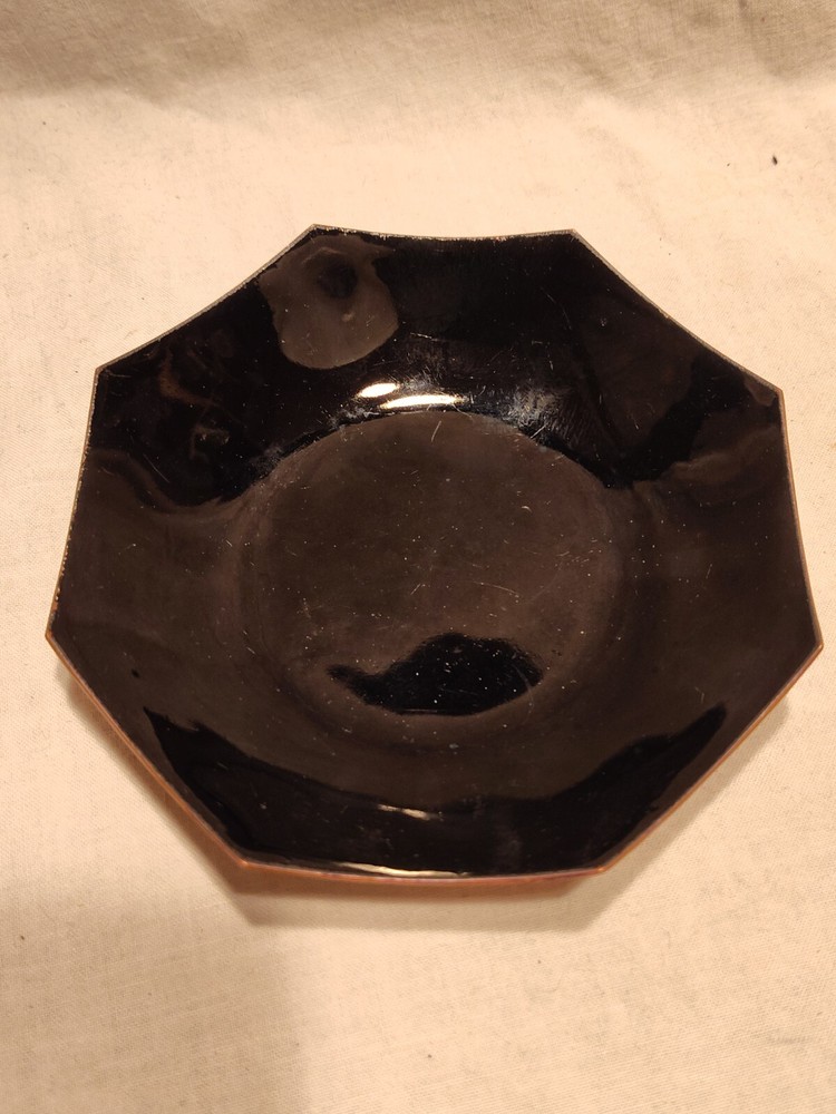 Vintage Enamel On Copper Dish Octagon Black MCM