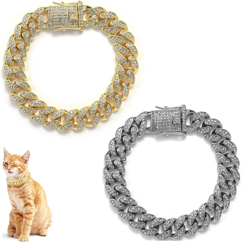 Cat Chain Collar, 2 Pcs Diamond Cuban Link Kitten Walking Collar with Secure Buc