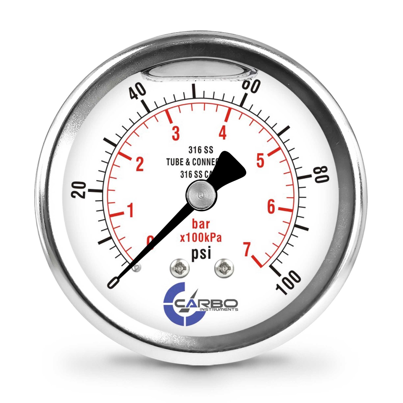 2-1/2" Pressure Gauge, ALL STAINLESS STEEL, Liquid Filled, Back Mnt, 100 Psi