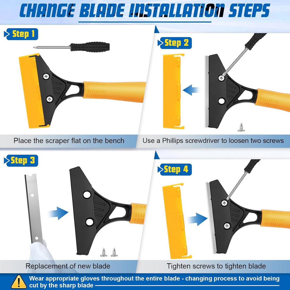Floor Scraper with 45.7” Long Handle, 4 Inch Razor Blade Scraper with 10PCS Extr