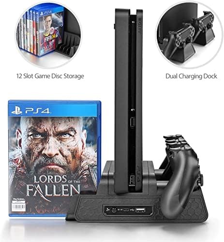 Vertical Stand for PS4 Slim - Cooling, Controller Charger & Game Storage