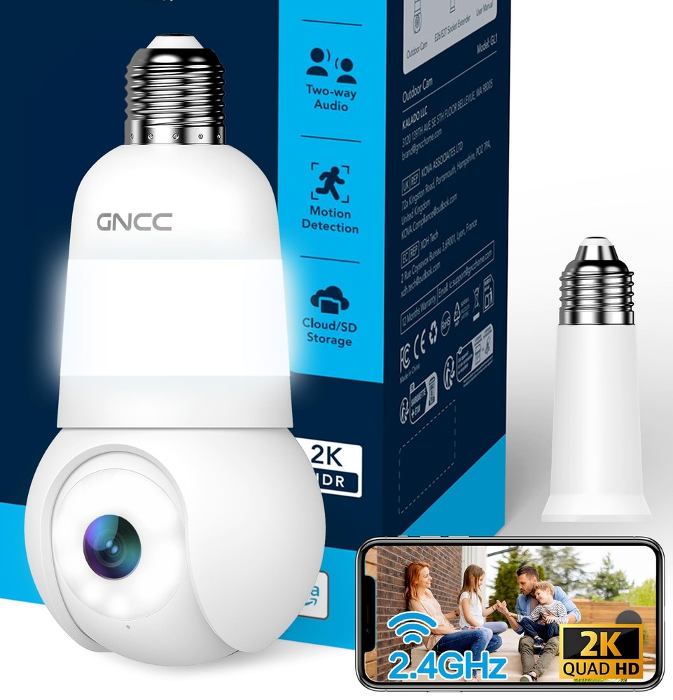 2K Light Bulb Security Camera, 2.4GHz Only, 355° Wireless Outdoor Camera, Ful...