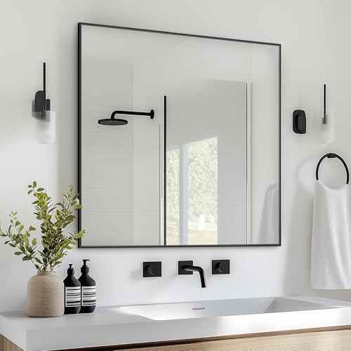 36x36 Metal Framed Bathroom Mirror, Square Edge Rectangular 36"L x 36"W Black