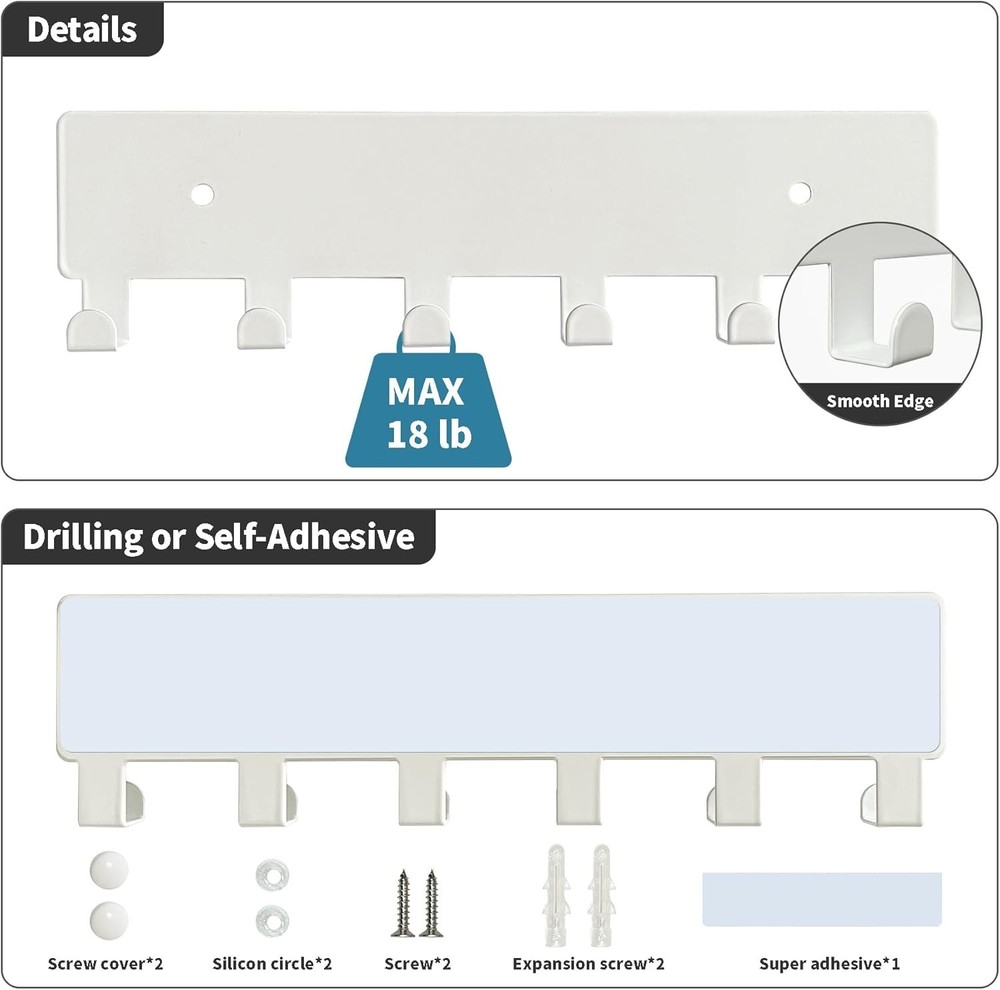 Wall Key Holder with 6 Hooks White Wall Mounted Key Rack Rust Resistant Pract...