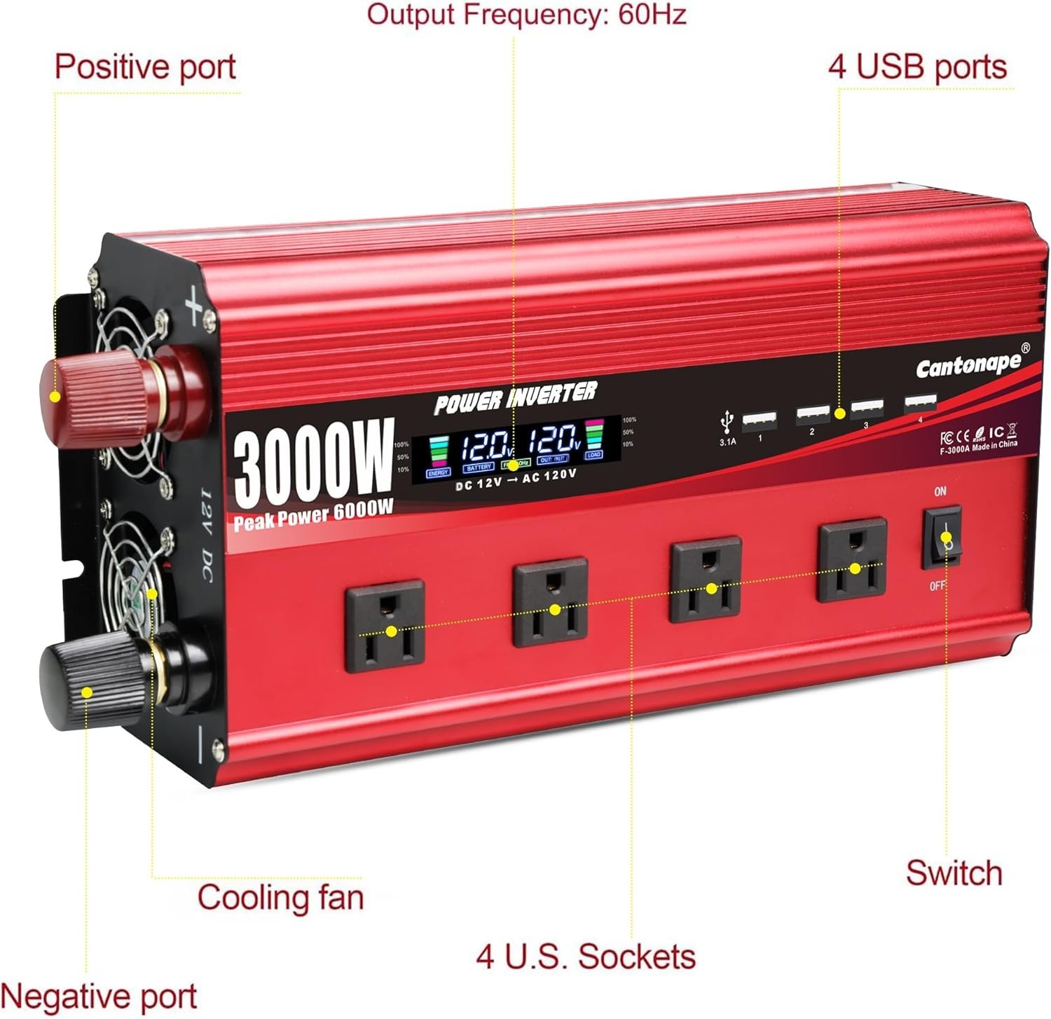 Used CANTONAPE 3000W Power Inverter 12V to 110V/120V DC to AC LCD Display