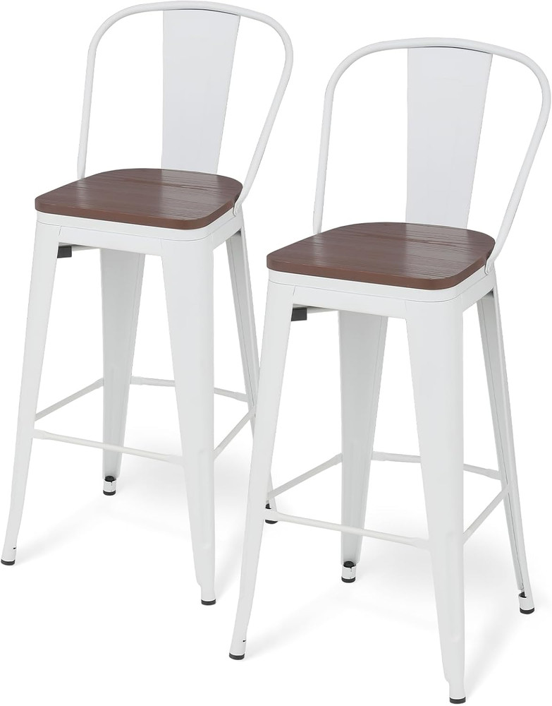 Set of 2 30.5'' High Back Bar Stools, Stackable Metal Frame, Farmhouse Style