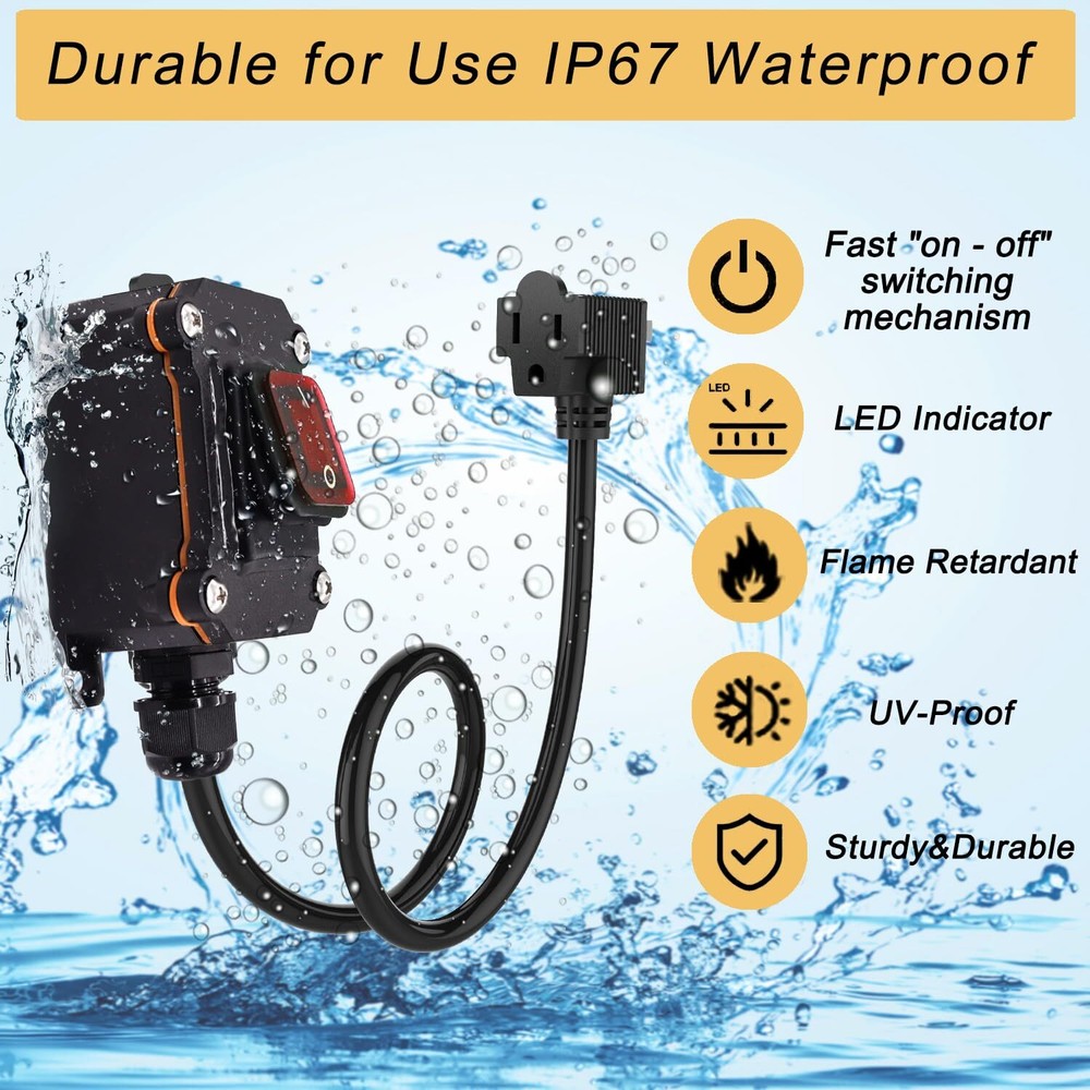 Inline Cord Switch 3ft Cable Waterproof 3-Pronged Plug On/Off Rocker Button