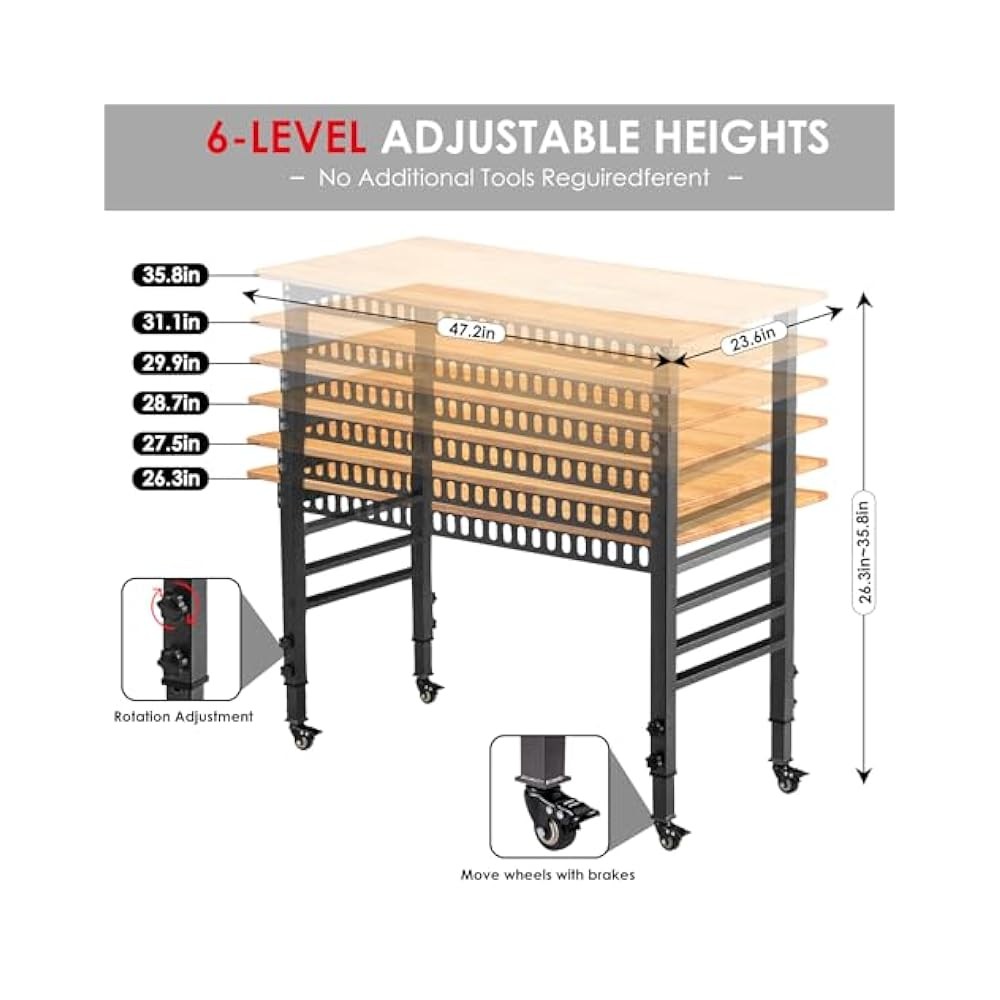 Heavy Duty Workbench, 6,Level Height Adjustment, Lockable Casters Included