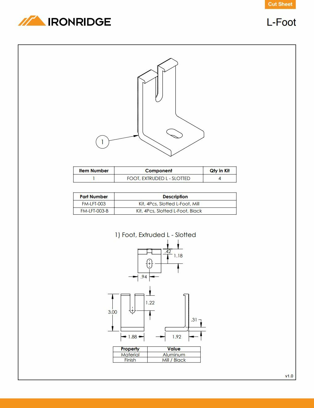 IronRidge LFT-03-M1 Slotted L Foot Mill Qty. 1