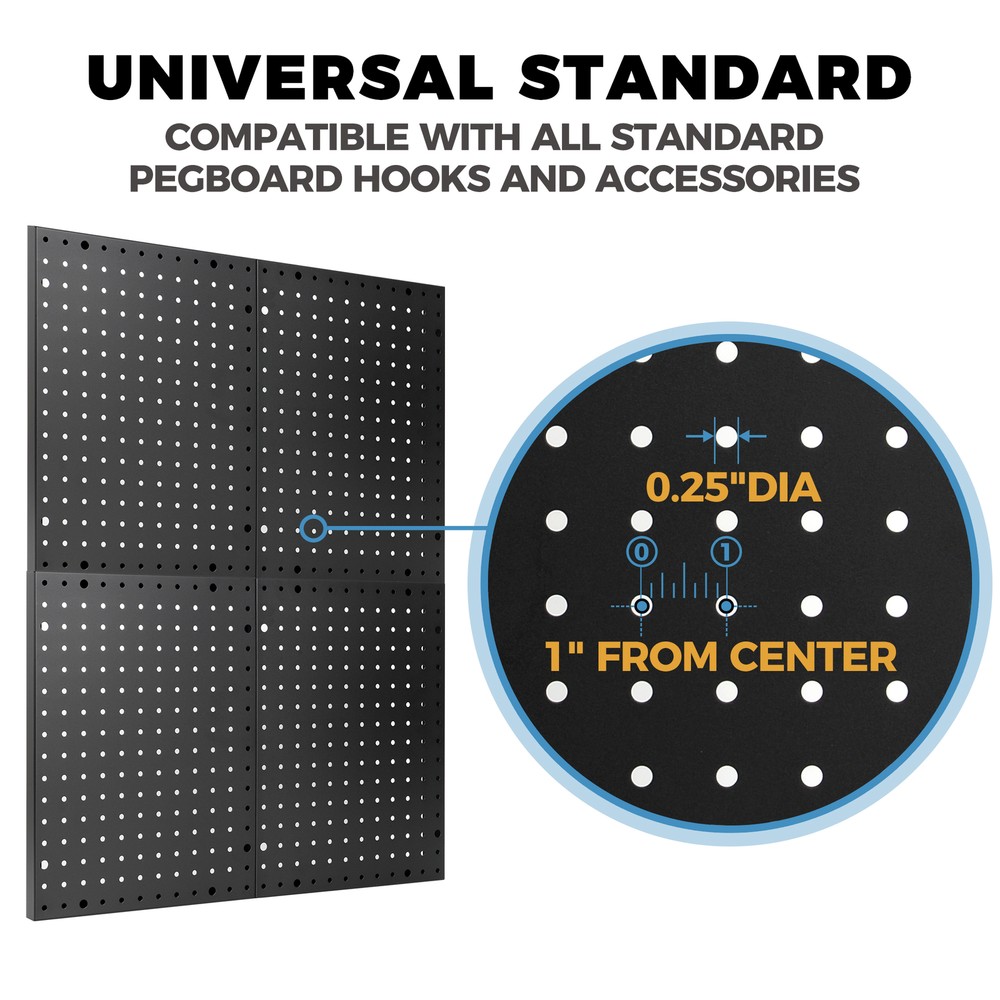 Heavy Duty 4-Panel Pegboard Wall Organizer With 32 Peg Hooks - Black