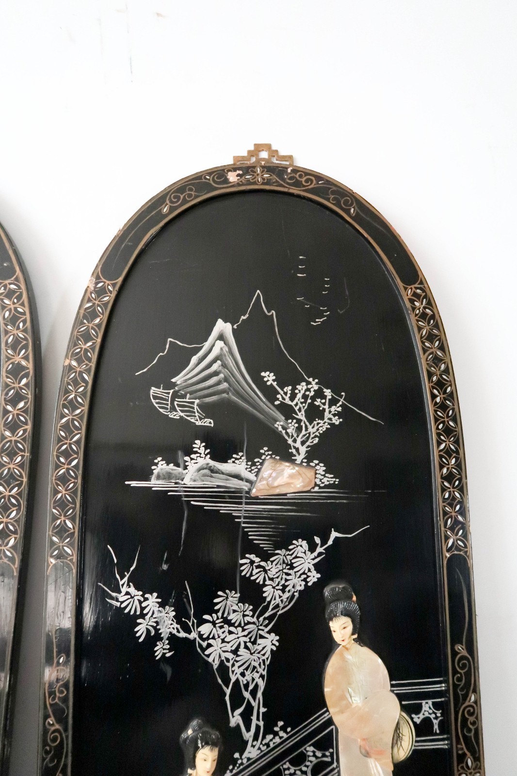 Set of 2 Asian Black Lacquer Mother of Pearl Wall Panels Art Geisha Women 36"