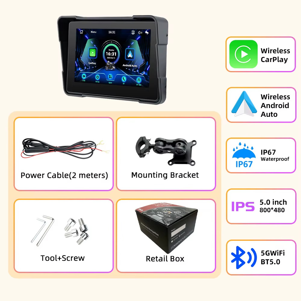 EKIY MTC16 5Inch Navigation Motorcycle Waterproof Wireless Android Auto Apple Ca
