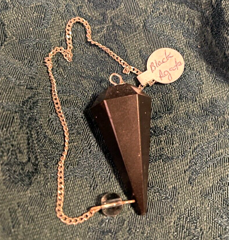 Faceted Black Agate Pendulum Divination Plumb Bob with Quartz End Bead, Pouch