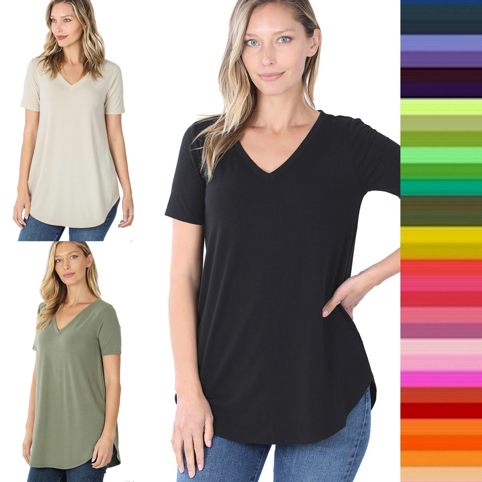 Women's Loose Fit V Neck Short Sleeve T-Shirt Long Blouse Basic Soft Tunic Top