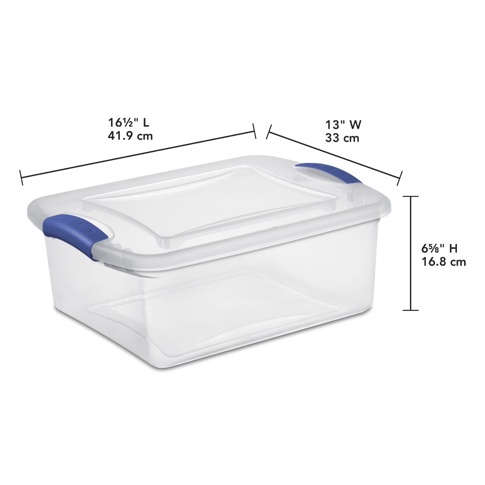Sterilite 15-quart small lockable storage box, clear plastic storage box, blue.