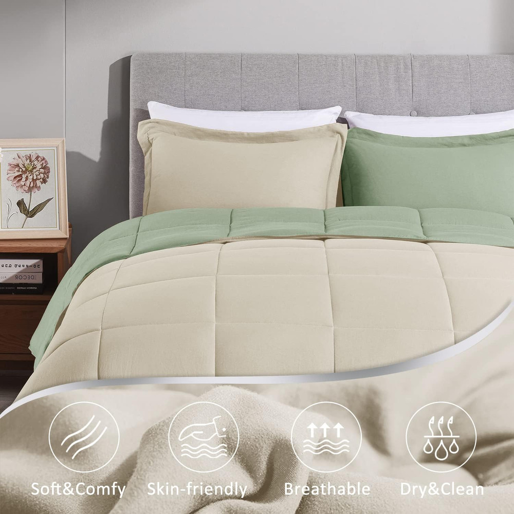 3PCS Sage Green Comforter Set King - Ultra Soft Washed Microfiber Comforter King